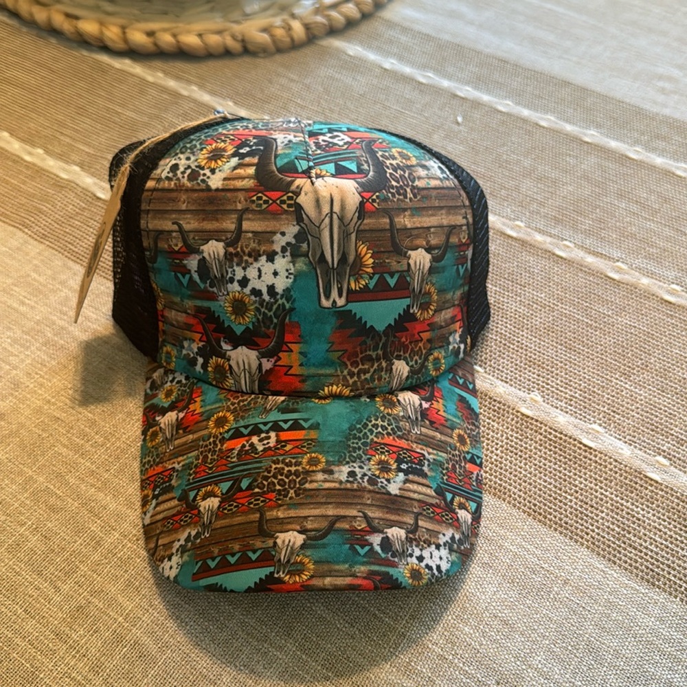 Western boho sunflower cow skull ball cap